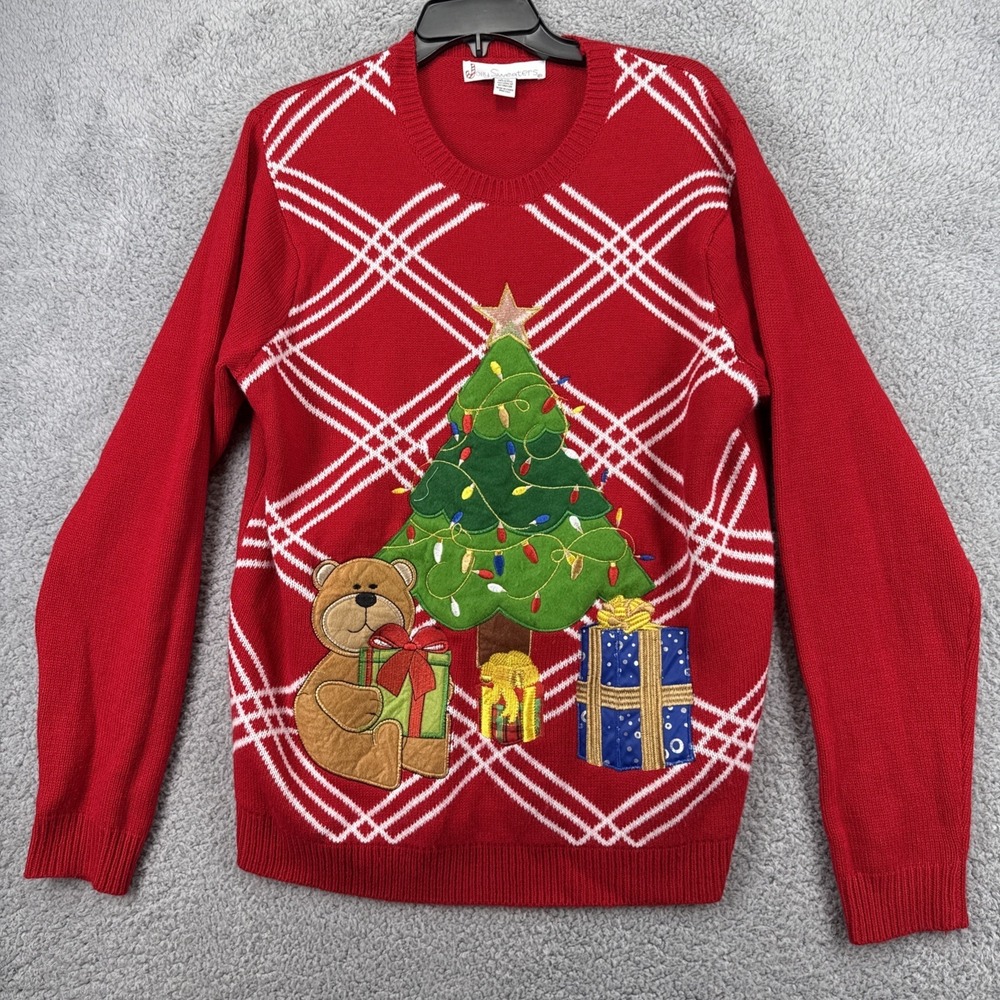 Jolly Sweaters Womens Large Red Teddy Bear Holiday Christmas Sweater Tree Ugly